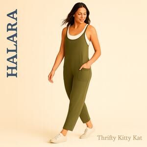 Halara Wide Leg Jumpsuit Open Back Crisscross Straps Cargo Pockets Winter Moss L